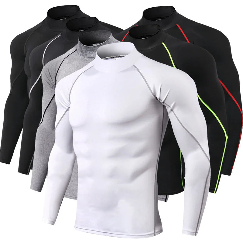 Homem utilizando Camiseta Performance Lumivah™ de manga longa com compressão, tecido respirável e secagem rápida para academia, corrida e atividades esportivas.