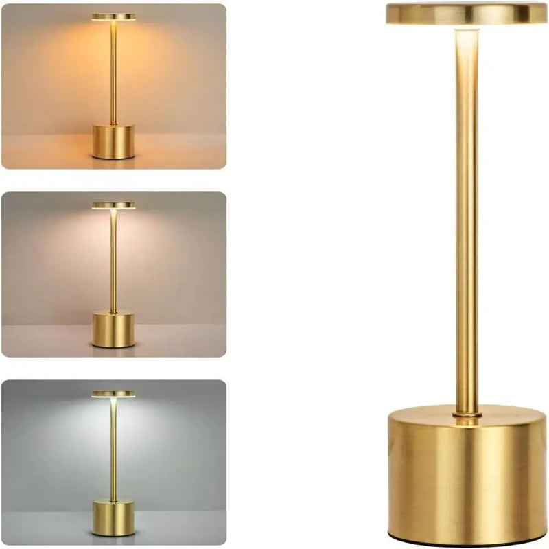 Luminária LED Touch Recarregável Lumivah dourada com 3 tons de luz, brilho ajustável e design moderno para mesa, penteadeira e quarto.