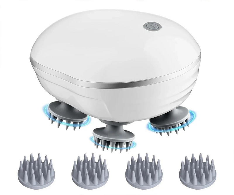 Massageador elétrico portátil Lumivah para couro cabeludo e corpo, com cabeças de silicone, luz vermelha e velocidades ajustáveis.