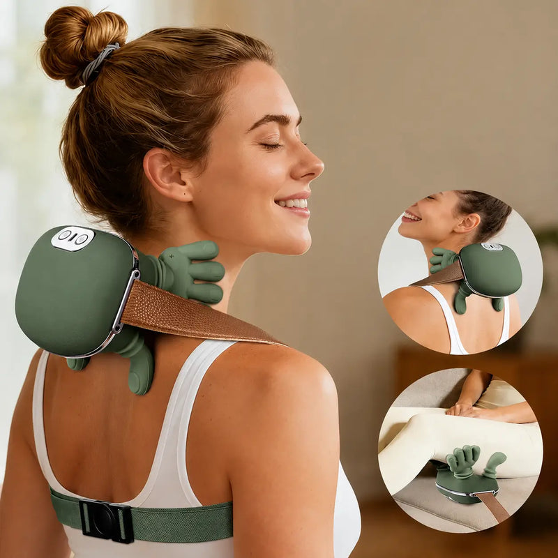 Massageador inteligente Lumivah para pescoço e ombros com design ergonômico e alça ajustável.