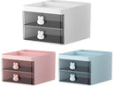 Organizador de mesa Lumivah com duas gavetas e puxadores em formato de coelho para maquiagem, acessórios e materiais de escritório.