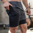 Shorts masculino esportivo Lumivah™ SprintCore Elite 2 em 1 com compressão interna e bolso para celular, tecido de secagem rápida, ideal para academia, corrida e atividades físicas.