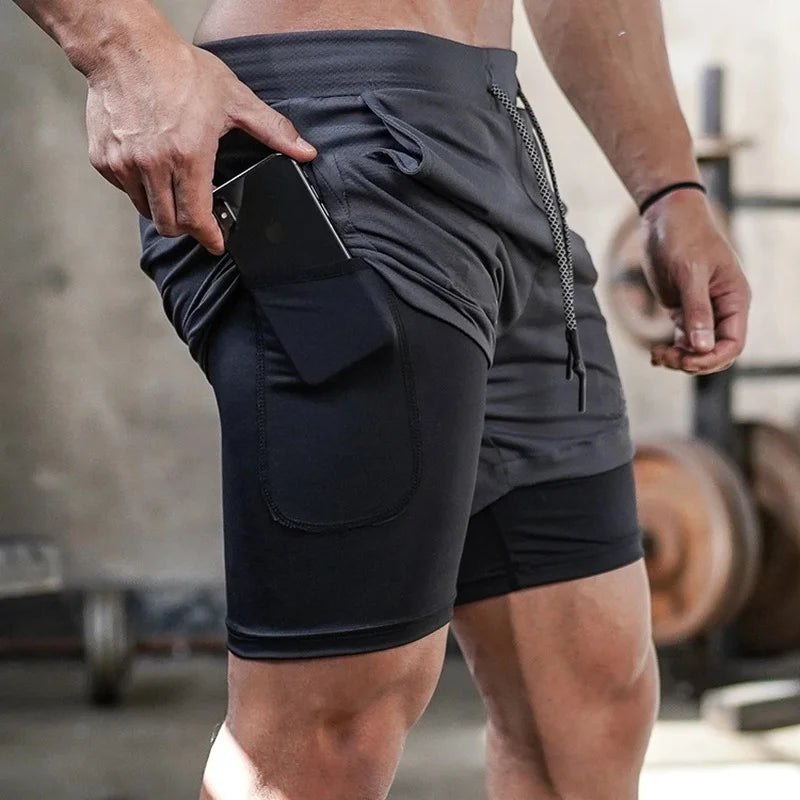 Shorts masculino esportivo Lumivah™ SprintCore Elite 2 em 1 com compressão interna e bolso para celular, tecido de secagem rápida, ideal para academia, corrida e atividades físicas.