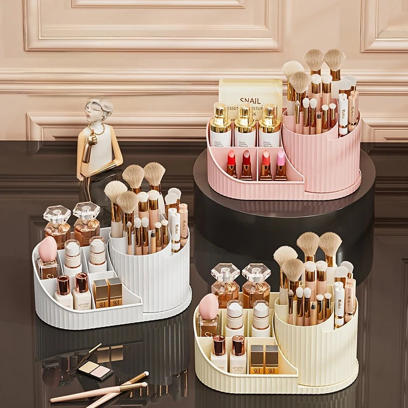 Organizador giratório 360 graus para maquiagem, perfumes, pincéis e cosméticos na cor rosa.