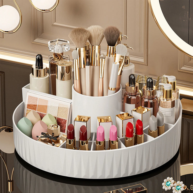 Organizador giratório premium para maquiagem, perfumes, pincéis e cosméticos com base 360°.